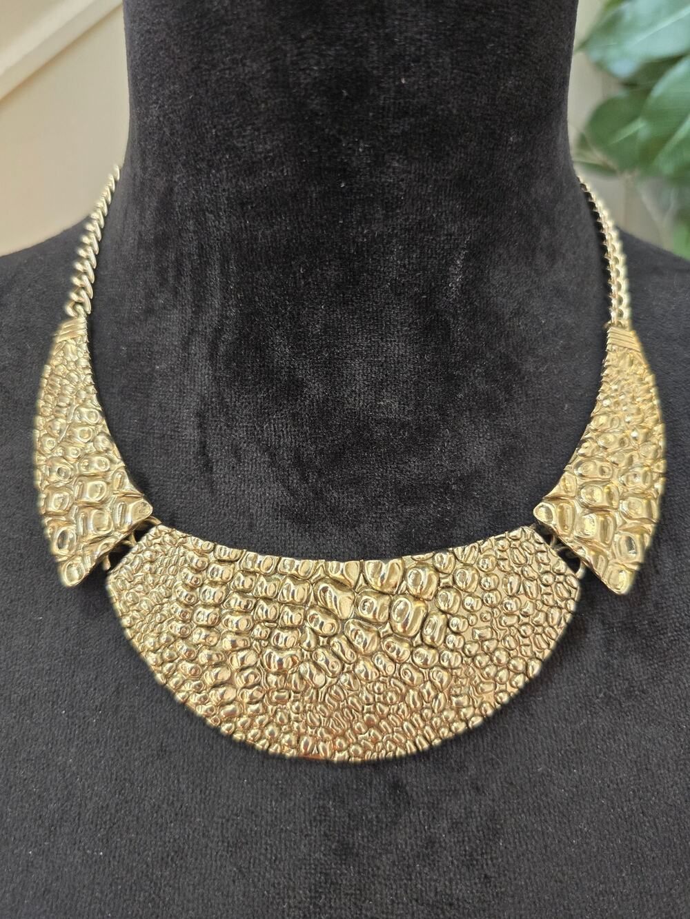 Gold Tone Textured Bib Collar Statement Necklace